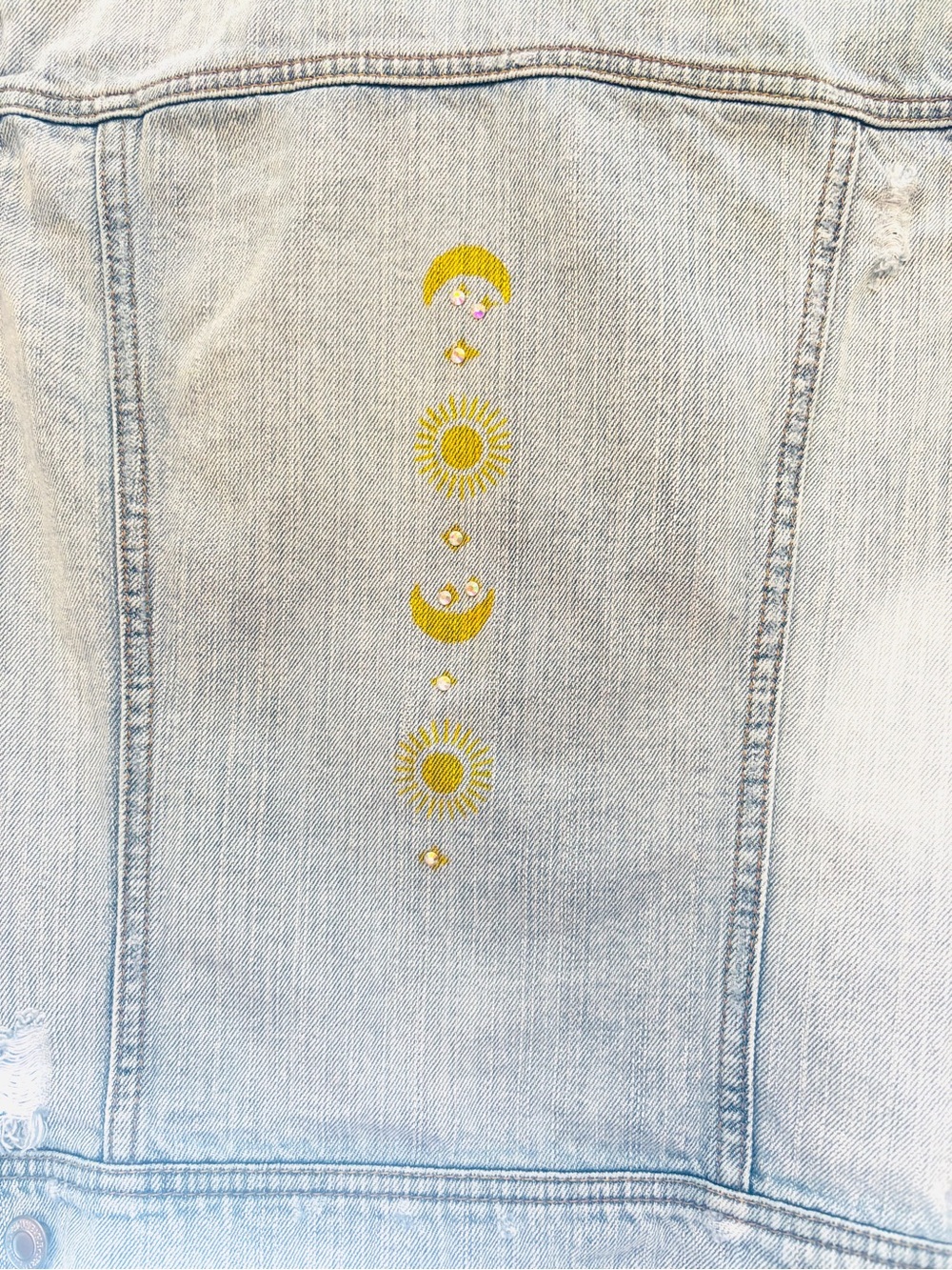 Upcycled AE Distressed Denim Jacket W/ Hand Drawn Crescent & Rhinestone Bedazzle